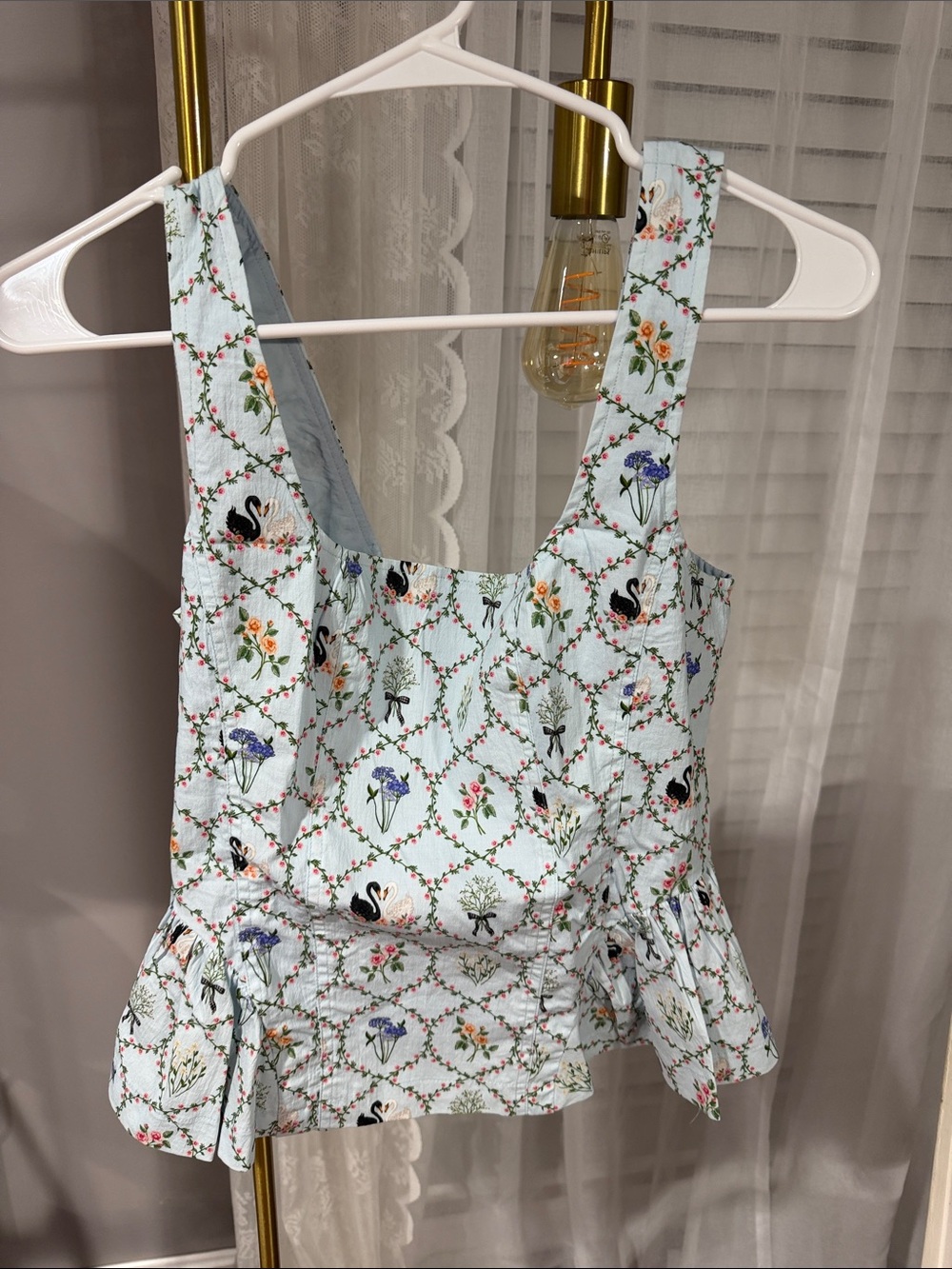 Avec Les Filles Mint Blue Floral and Swan Peplum Tank